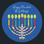 Sticker Rond Hanoukka Colorée Menorah Hanukiah<br><div class="desc">Coloré, Joyeux Chanoukah, Stickers Hanukiah rond. Amusez-vous à utiliser ces autocollants comme toppers de gâteau, étiquettes cadeaux, scellés d'enveloppe, fermeture de sacs préférés, ou n'importe quel rocher vos festivités! Personnalisez en supprimant du texte et en ajoutant vos propres mots, en utilisant votre style de police, taille et couleur préférés. La...</div>