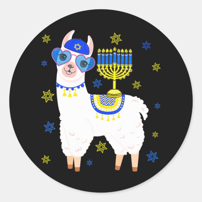 Sticker Rond Hanoukka Llama Lunettes de soleil tenant Menorah (Devant)