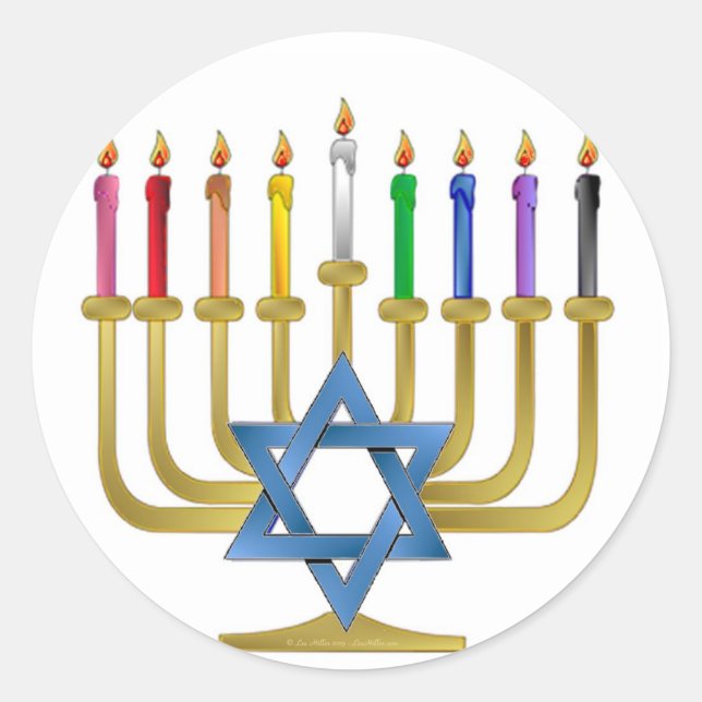 Sticker Rond Hanoukka Rainbow Candles Gold Menorah (Devant)