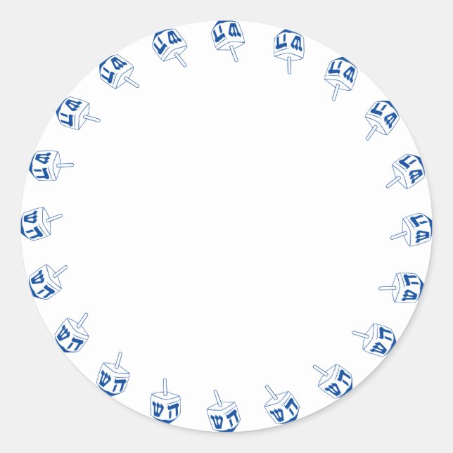 Sticker Rond Hanukkah bleu et blanc bordure toupie dreidel vier (Devant)