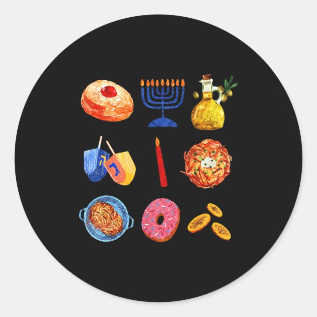 Sticker Rond Hanukkah Latke Menorah Dreidel Donut Chanukah Jewi (Devant)