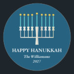 Sticker Rond Hanukkah Menorah in Blue Personalized<br><div class="desc">Un accueil Hanoukka simple avec une menorah éclairée en bleu. Tout le texte peut être customisé pour que vous puissiez utiliser votre orthographe Hanoukka préférée.</div>