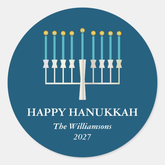 Sticker Rond Hanukkah Menorah in Blue Personalized (Devant)