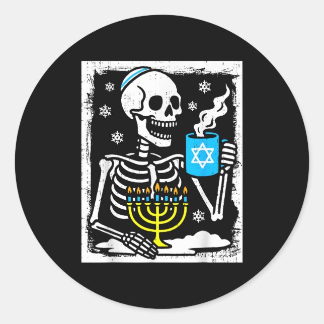 Sticker Rond Hanukkah Skeleton Coffee Dreidel Jewish Menorah Ch (Devant)