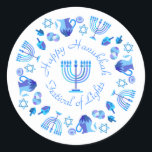 Sticker Rond Hanukkiah Happy Hanoukka Juive Fête Menorah<br><div class="desc">Symbole de Hanukkiah. Joyeux Hanoukka Party Juif Holiday Blue Menorah. Décoration Chanukkah de Fête Juive avec le symbole décoratif traditionnel Chanuka - bleu marine hanukkiah menorah, chandelier avec bougies, étoile de David et néon bleu lumières illustration. Hanoukka Festival des lumières Décoration de l'événement. Jérusalem, Israël. Articles d'artisanat et de fête...</div>