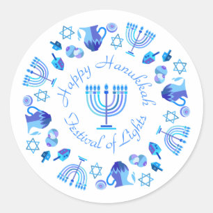 Sticker Rond Hanukkiah Happy Hanoukka Juive Fête Menorah