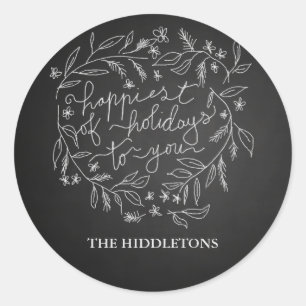 Sticker Rond Happest Of Holidays Script Wreath Chalkboard