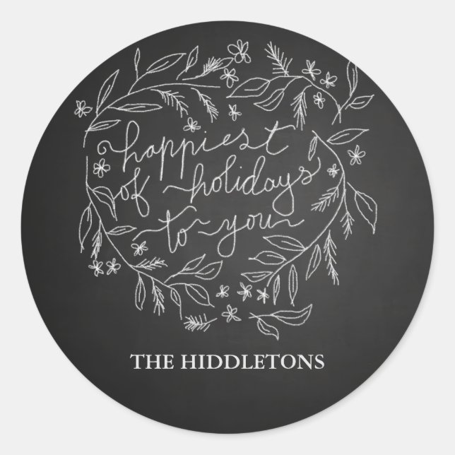 Sticker Rond Happest Of Holidays Script Wreath Chalkboard (Devant)
