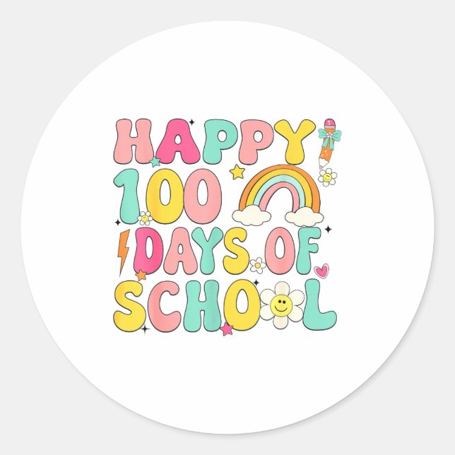 Sticker Rond Happy 100 Days Of School Girls Rainbow 100th Day O (Devant)