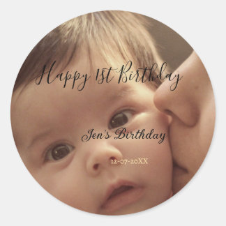 Sticker Rond Happy 1st birthday name photo date stylish calligr