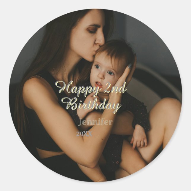 Sticker Rond Happy 2nd birthday kids baby mother yellow gray na (Devant)