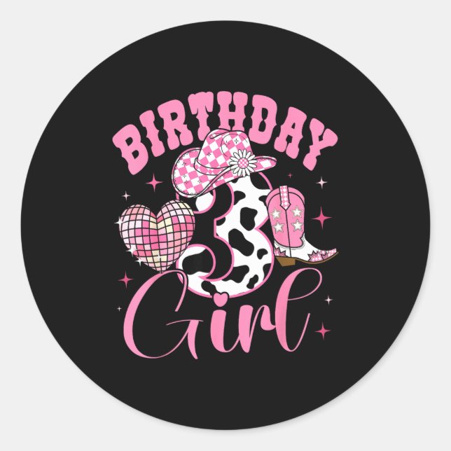 Sticker Rond Happy 3rd Birthday Girl Outfit Rodeo Western Cowgi (Devant)