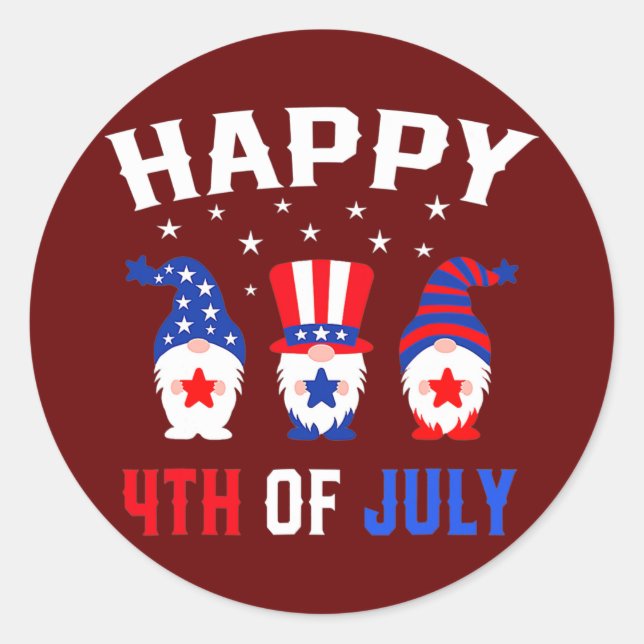 Sticker Rond Happy 4th Of July Gnomes Patriotic American Flag (Devant)