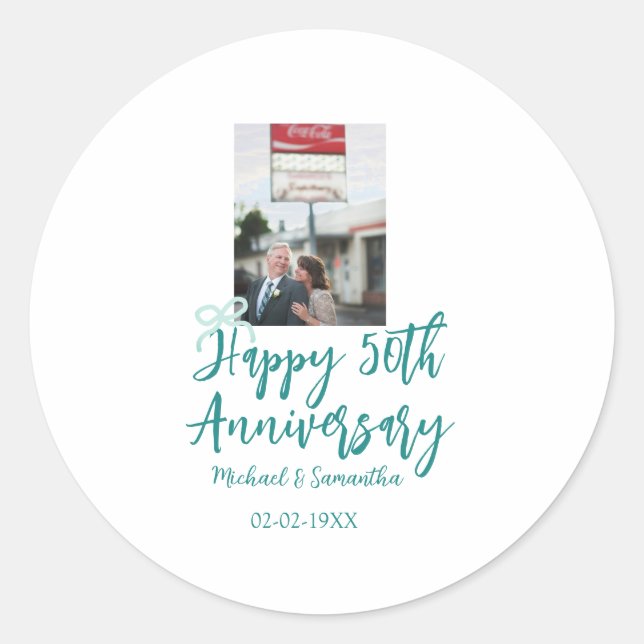 Sticker Rond Happy 50th anniversary photo turquoise bow name da (Devant)