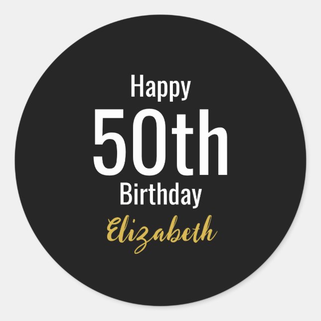 Sticker Rond Happy 50th Birthday with Name Gold Black and White (Devant)