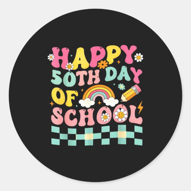 Sticker Rond Happy 50th Day Of School Retro Teacher Students Sm (Devant)