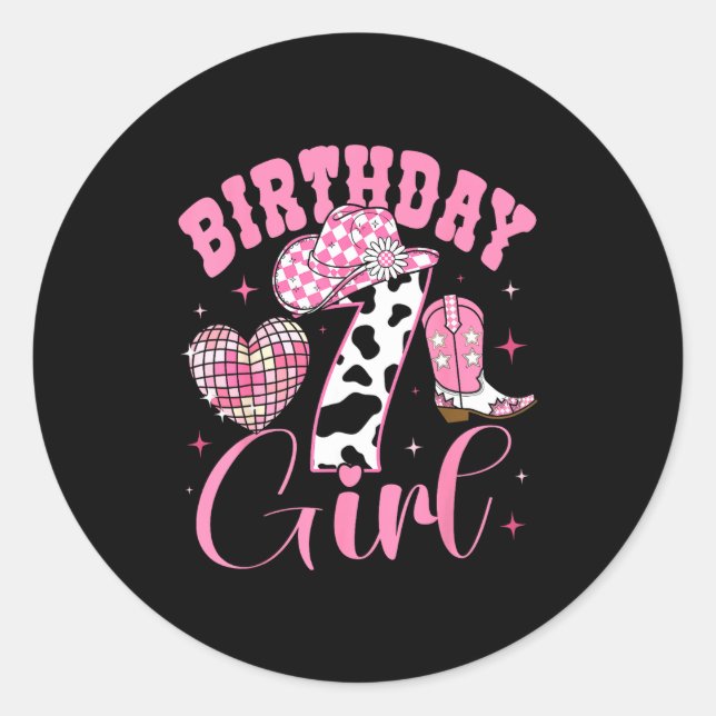 Sticker Rond Happy 7th Birthday Girl Outfit Rodeo Western Cowgi (Devant)