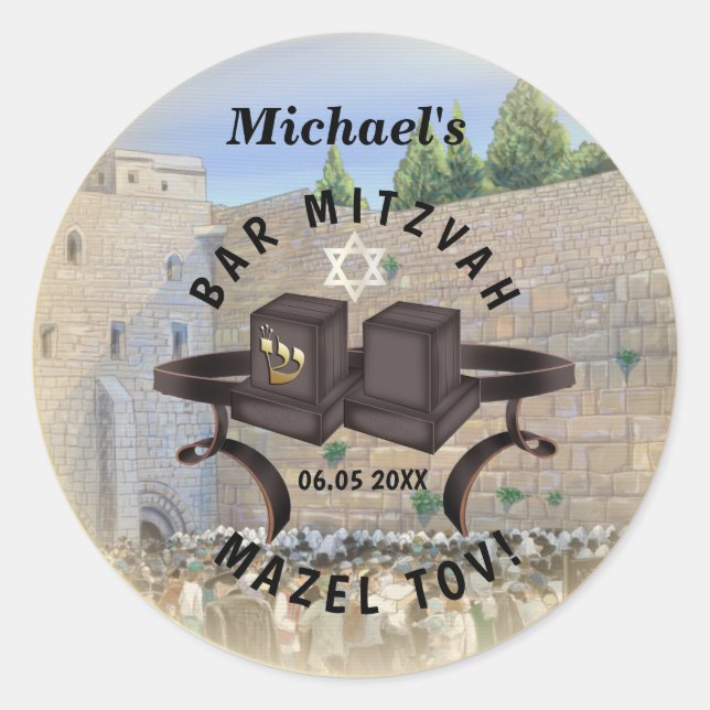 Sticker Rond Happy Bar Mitzvah Jerusalem Kotel Western Wall (Devant)