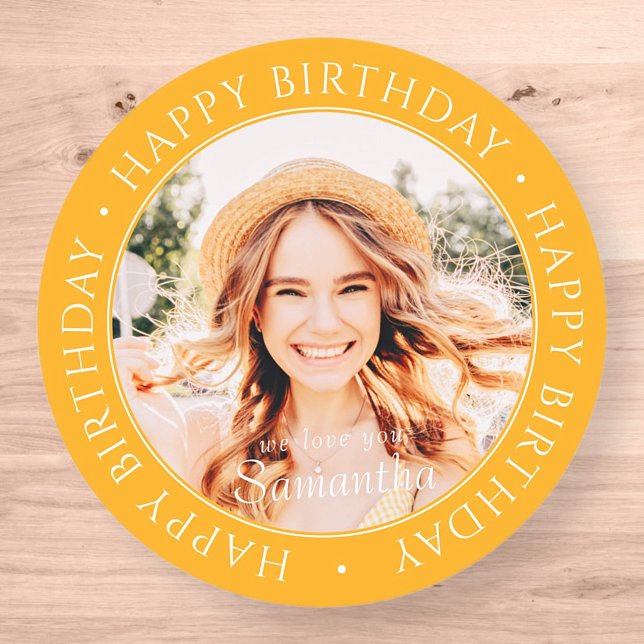 Sticker Rond Happy Birthday Modern Simple Custom Photo (Créateur téléchargé)