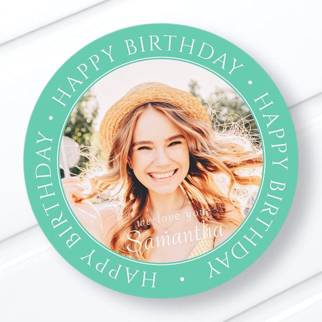 Sticker Rond Happy Birthday Modern Simple Custom Photo (Créateur téléchargé)