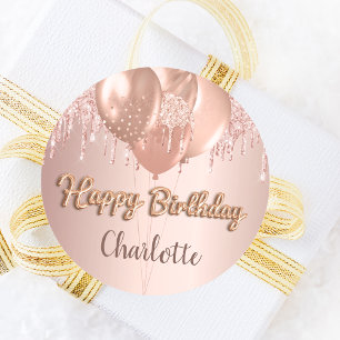 Sticker Rond Happy Birthday rose gold blush glitter balloons
