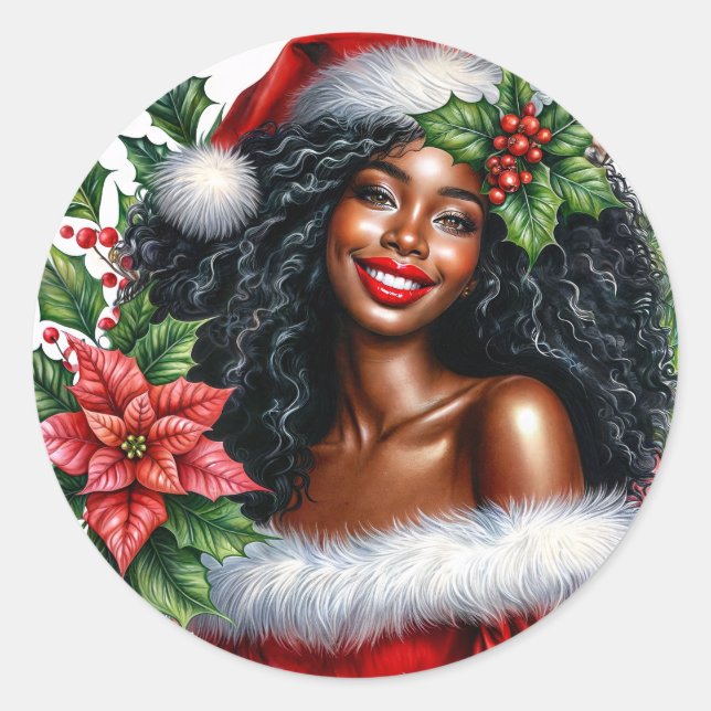 Sticker Rond Happy Black Woman Christmas (Devant)
