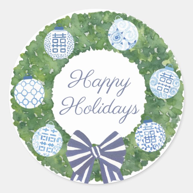 Sticker Rond Happy Boxwood Wreath Happy Holidays Enveloppe Seal (Devant)