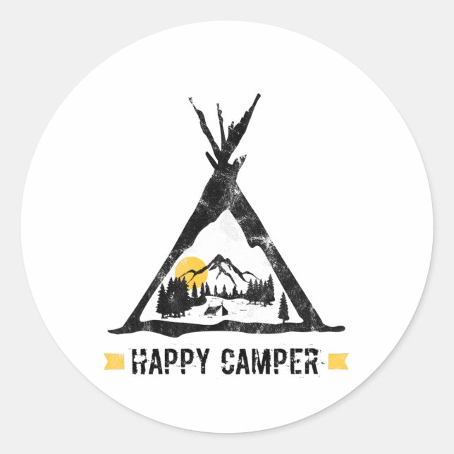 Sticker Rond Happy Camper Camping Caravan Motorhome Cadeau (Devant)