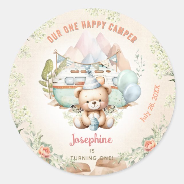 Sticker Rond Happy Camper Été 1er Anniversaire Fille (Devant)
