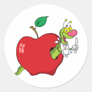 Sticker Rond Happy Cartoon Worm In Apple