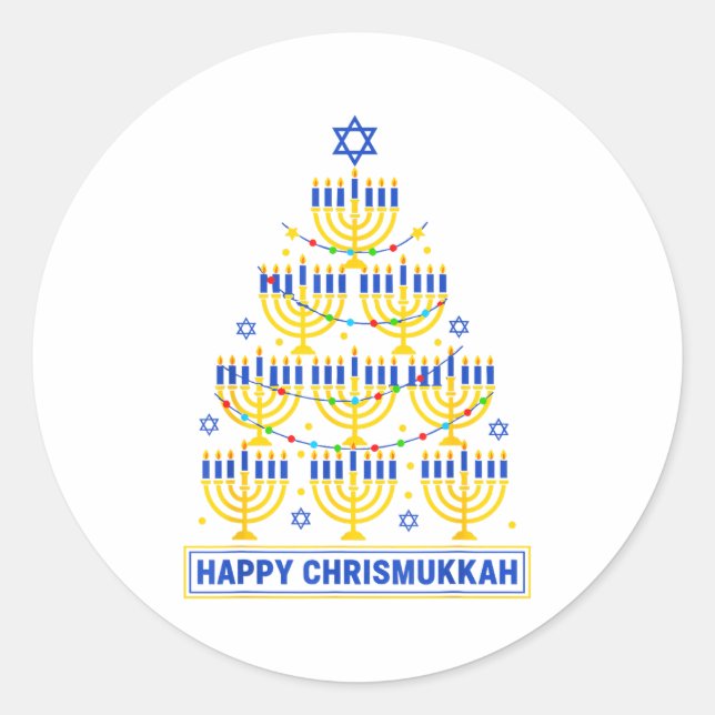 Sticker Rond Happy Chrismukkah Hanukkah Light Tree Jewish Holid (Devant)
