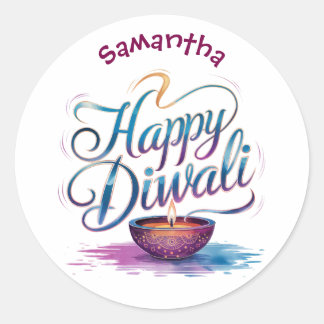 Sticker Rond Happy Diwali customisable white 