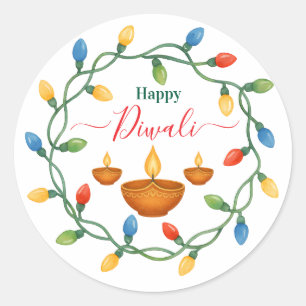 Sticker Rond Happy Diwali Lights et Diyas Design
