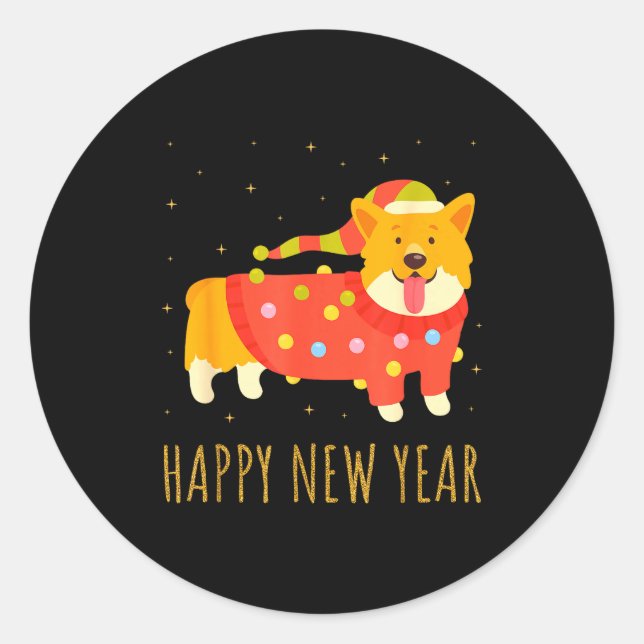 Sticker Rond Happy Dog Corgi Celebrating New Year Cozy Christma (Devant)