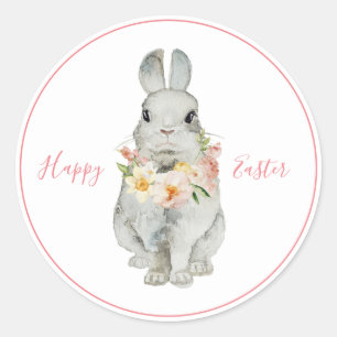 Sticker Rond Happy Eaquarelle de Pâques lapin lapin Floral Mod
