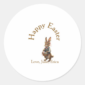 Sticker Rond Happy Easter brown bunny with eggs love add name 