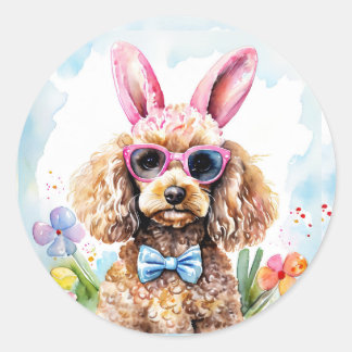 Sticker Rond Happy Easter Cute Bunny Poodle Watercolor Dog