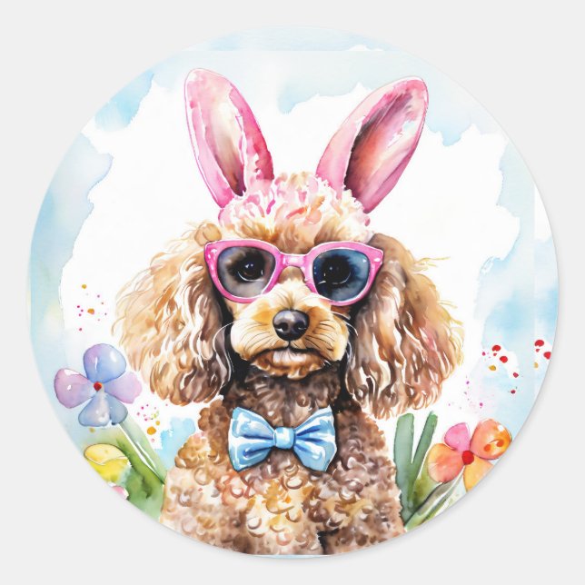 Sticker Rond Happy Easter Cute Bunny Poodle Watercolor Dog (Devant)