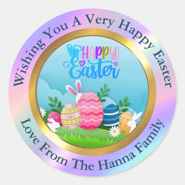Sticker Rond Happy Easter - Floral Bunny & Eggs Favor (Devant)