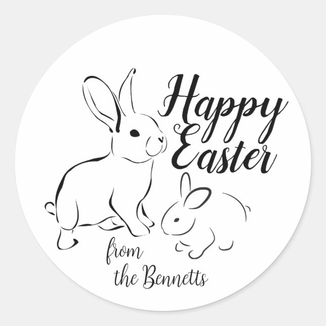 Sticker Rond Happy Easter Line Art Bunny Rabbit Nom modifiable (Devant)