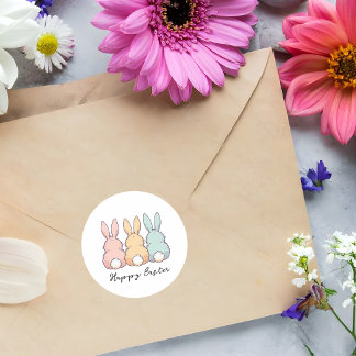Sticker Rond Happy Easter Pastel Bunnies Custom Text 