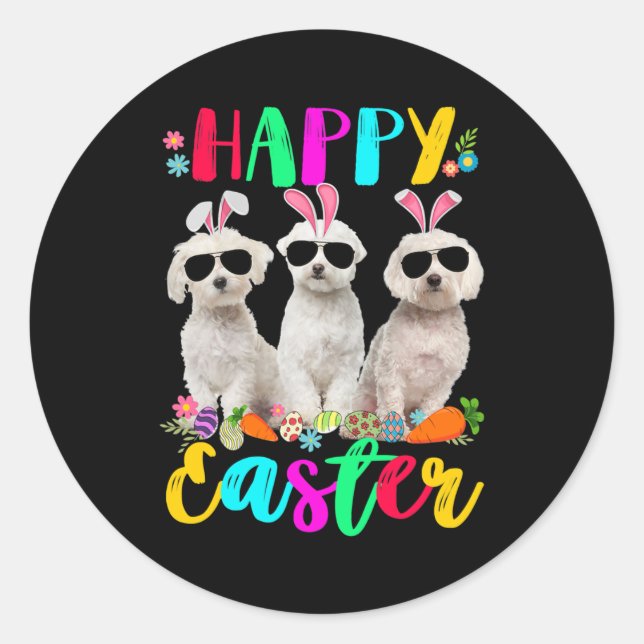 Sticker Rond Happy Easter Three Maltese Wearing Bunny Ears (Devant)