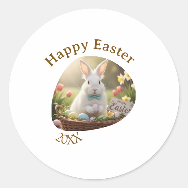 Sticker Rond Happy Easter white bunny year photo family name  (Devant)