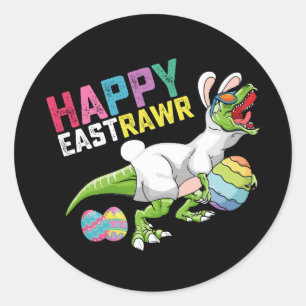Sticker Rond Happy Easttrawr T Rex Dinosaur Easter Bunny Egg