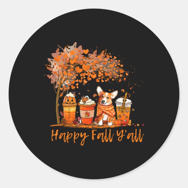 Sticker Rond Happy Fall Y'all Automne Corgi Halloween Citrouill (Devant)