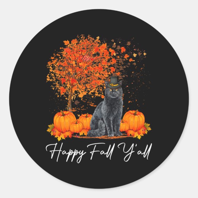 Sticker Rond Happy Fall Y'all Citrouille Chat Thanksgiving Seco (Devant)