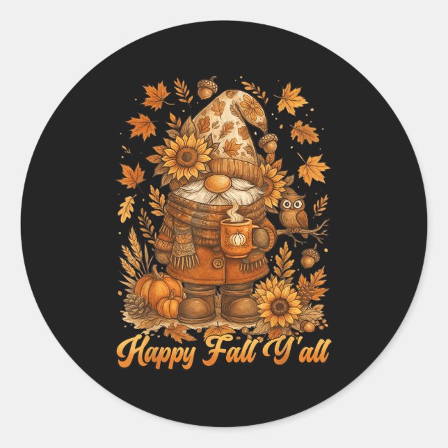 Sticker Rond Happy Fall Y'all Gnome Pumpkin Autumn Thanksgiving (Devant)