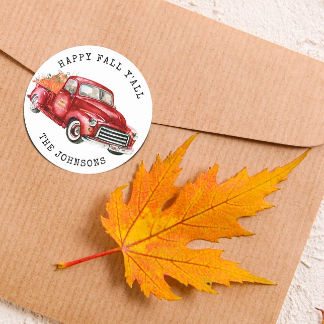 Sticker Rond Happy Fall Y'all Red Truck Citrouilles (Happy Fall Y'all Red Truck Pumpkins Square Sticker)