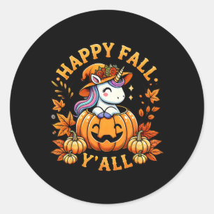 Sticker Rond Happy Fall Y'all Unicorn Citrouille Fall Outfit Me