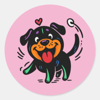 Sticker Rond Happy Funny Cartoon Rottweiler Puppy